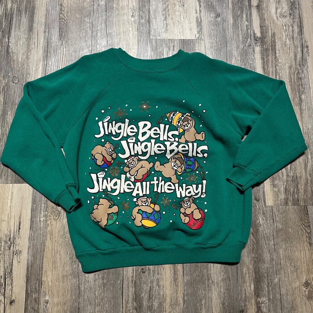 Vintage Holiday Jingle Bells Sweatshirt Women’s M Green Hanes USA FLAW